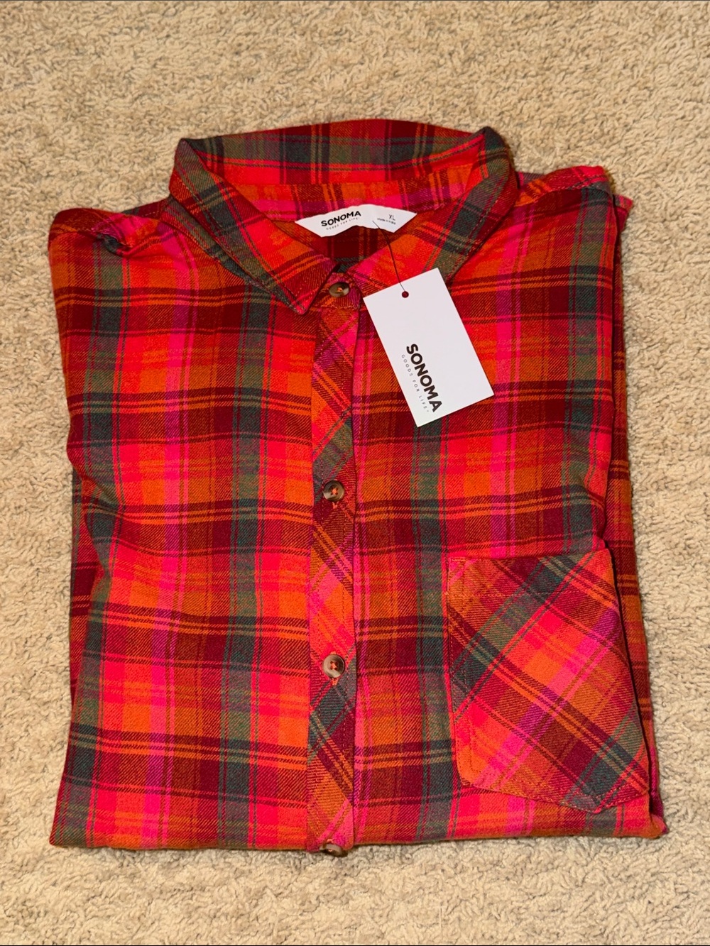 Women's Red, Green and Pink Plaid Button-Down Shirt by Sonoma